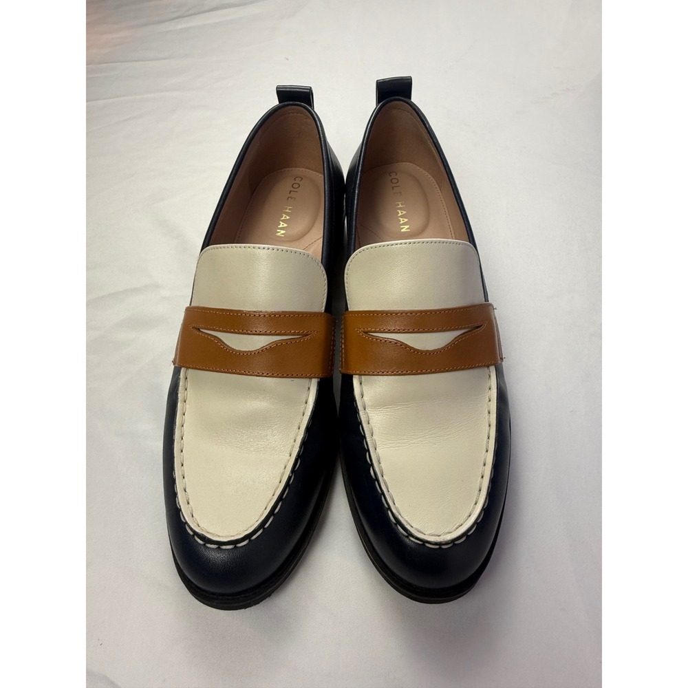 Cole Haan Grand 360 Navy Cream Tan Leather Penny Loafers W29115 Womens 8B